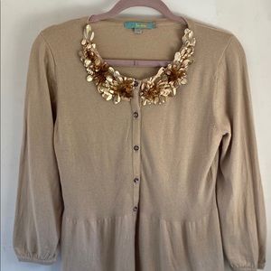 Boden Beige and Gold Sequin Applique Cardigan